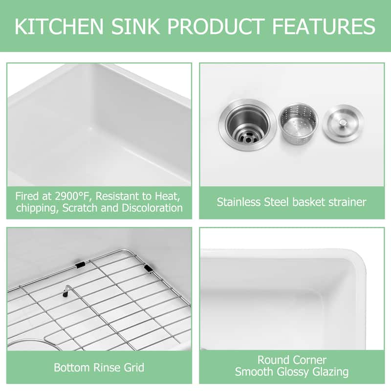 Lordear 30" Ceramic Sink Undermount Farmhouse Single Bowl Apron Front White Kitchen Sink with Accessories