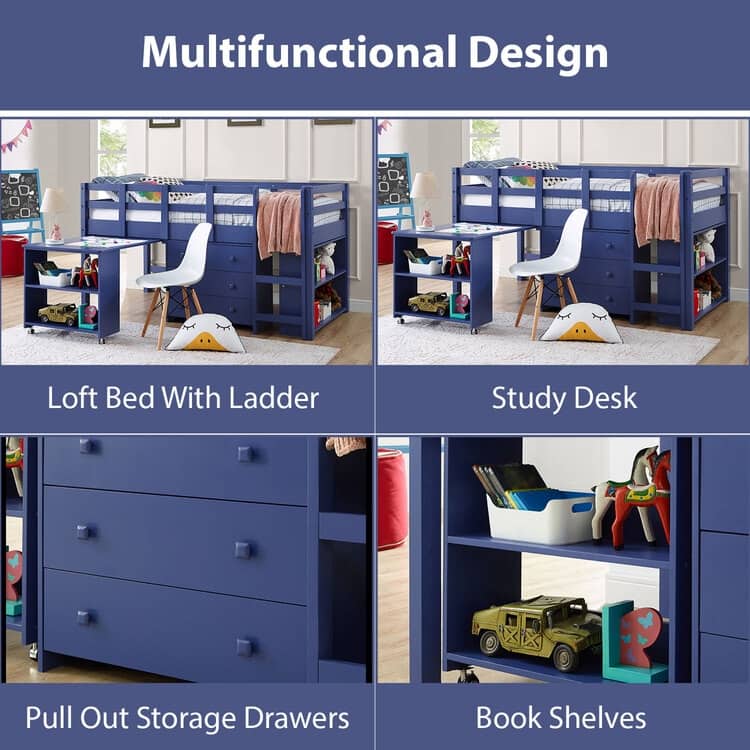 Twin Size Loft Bed with Desk Low Study Kids Twin Loft Bed with Storage Pine Wood Loft Bed for Kids Twin Loft Bed with Cabinet