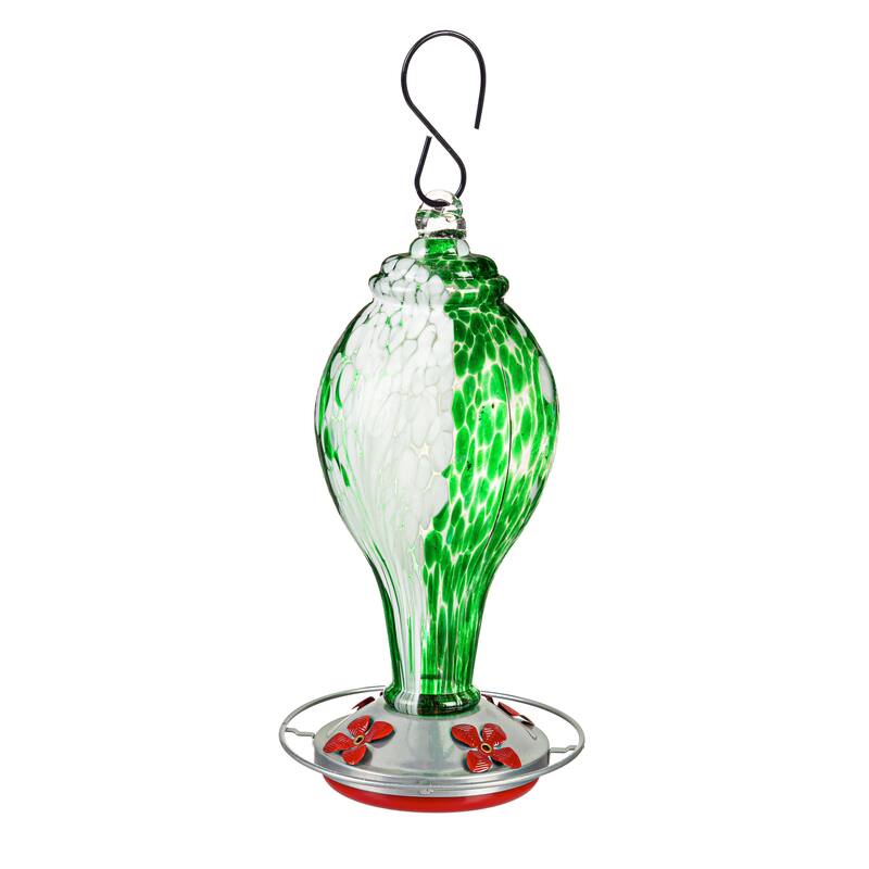 Speckled Art Glass Hummingbird Feeder with Bronze Gondola - Green
