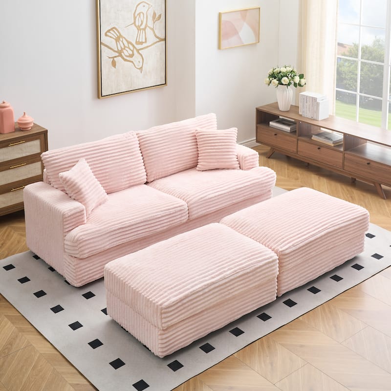 Corduroy Sleeper Sectional Sofa Loveseat Couch with 2 Storage Ottomans