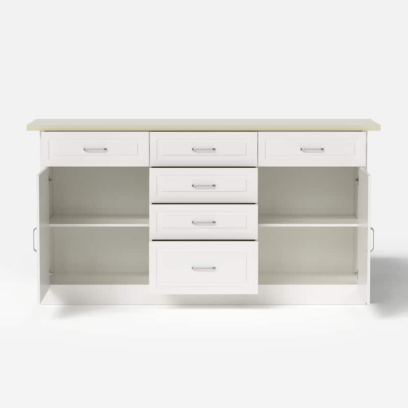 78.7" Kitchen Island with Faux Stone Top & Power Outlet Storage Cabinet with Drawers & Doors, Farmhouse White Kitchen Island