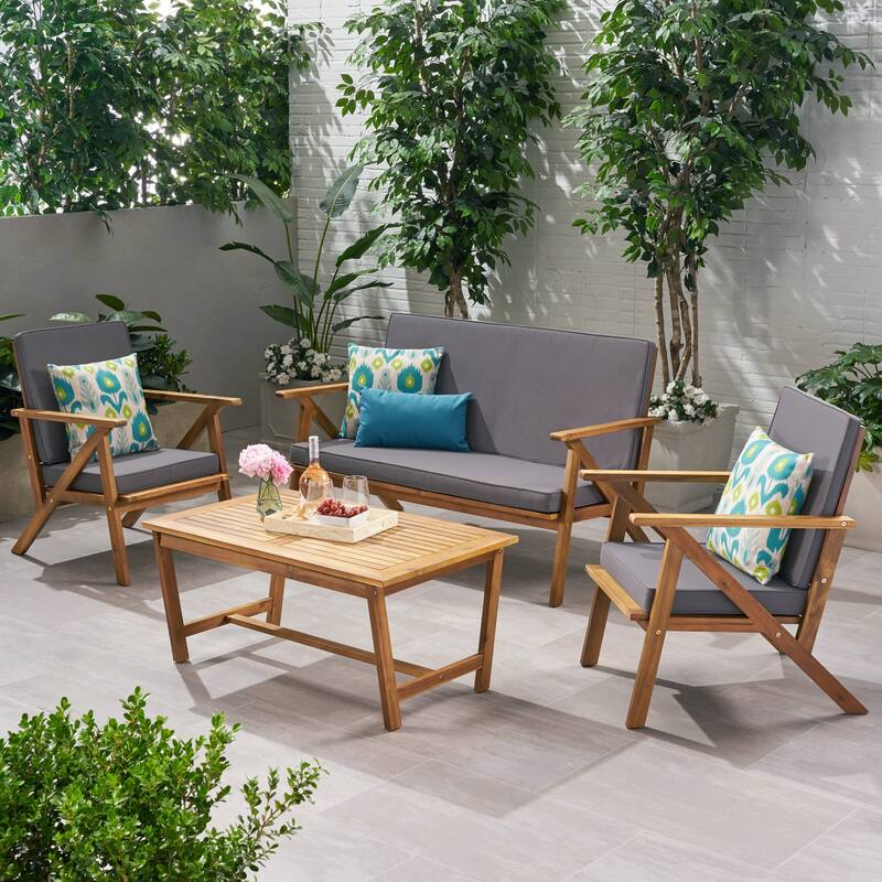 4-Piece Wood Patio Furniture Set, All-Weather Waterproof Conversation Set, Outdoor Bistro Set with Loveseat Chairs, Table