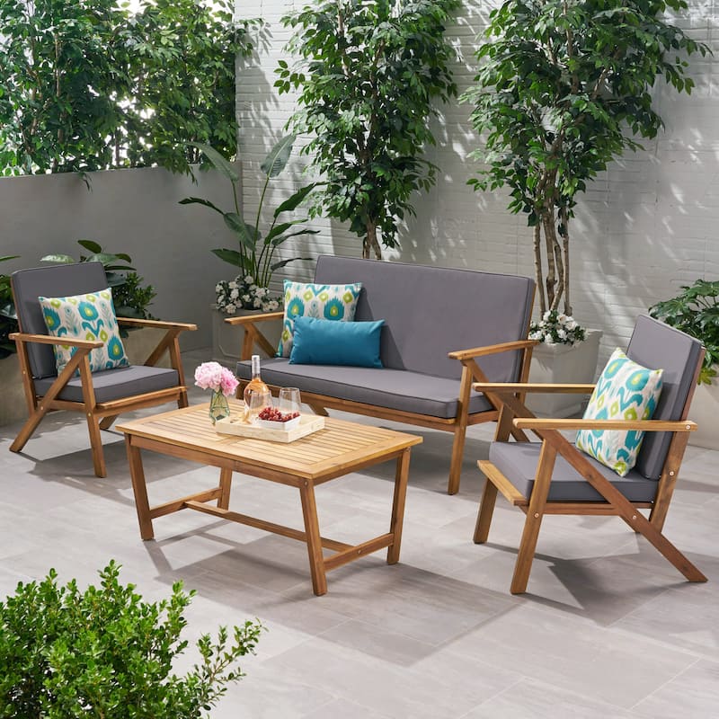Acacia Wood 4pc Outdoor Chat Set with Loveseat 2 Chairs Coffee Table Water Resistant Cushions