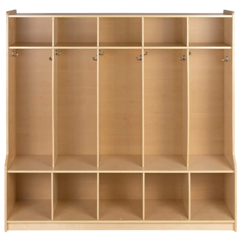 Wood School Coat Locker with Bench, Cubbies and Storage Organizer Hook - 48"W x 13.375" - 15"D x 48"H