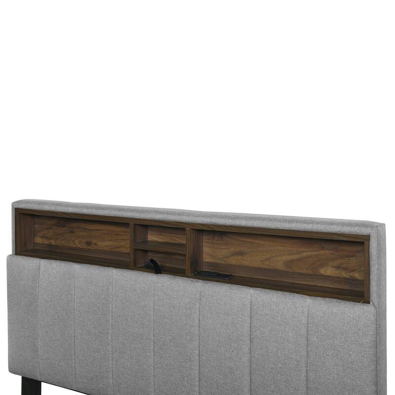 Full Size Upholstered Storage Bed with USB Ports, Twin Trundle & Drawers, Gray Linen Fabric