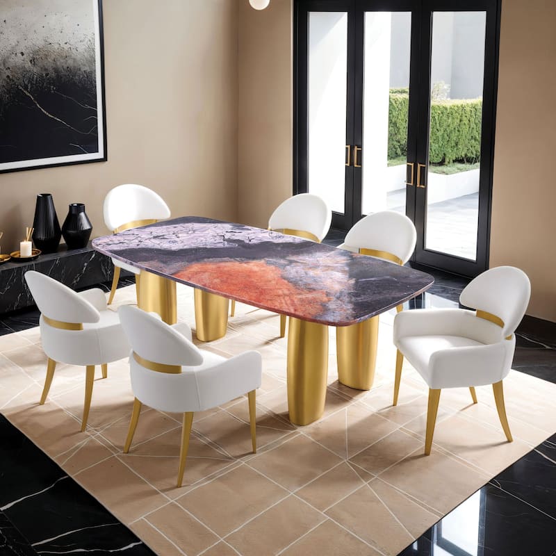 Furniture of America Luvien Modern 7-Piece Sintered Stone Top Dining Table Set - Multi Top with White Chairs