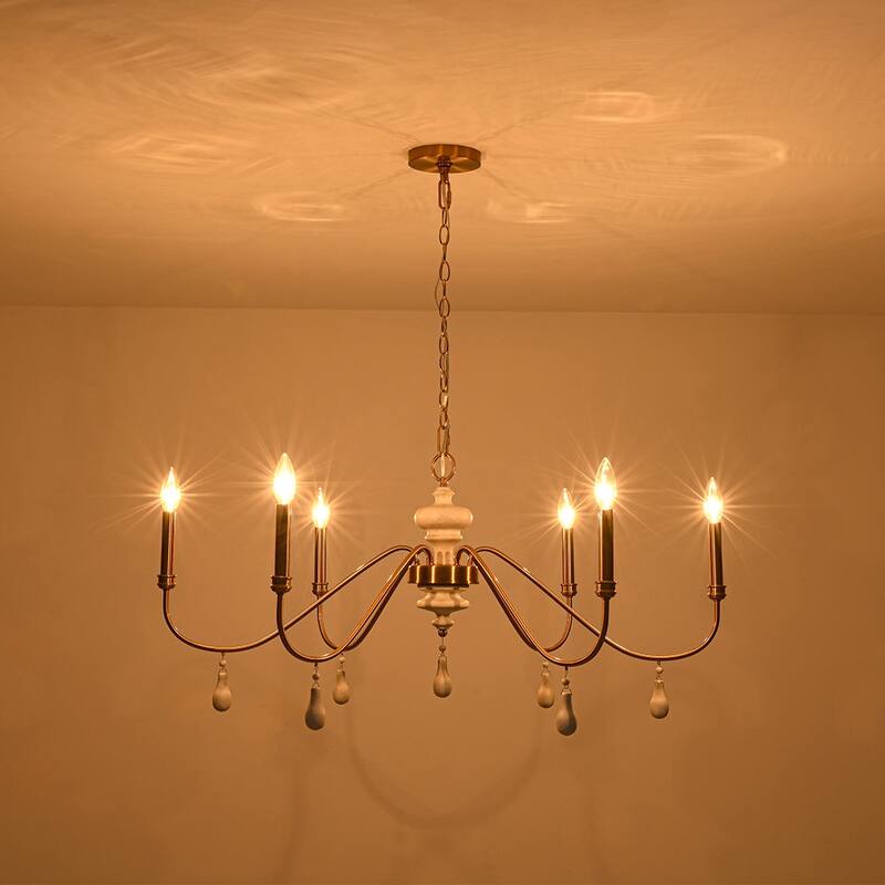 Mid-Century Aged Brass 6-Light Wide Candle Style Chandelier 38in