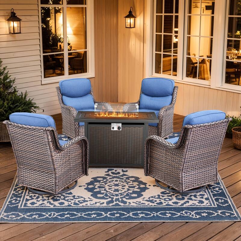 Pocassy Patio Swivel Chairs with 43 inch Fire Pit Table Set. - Blue Cushion Brown Wicker - 5-Piece Fire Pit Table w/ Swivel Chair Set