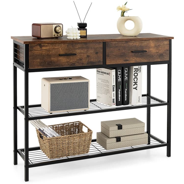 39.5 Inch Entryway Table with 2 Drawers and 2-Tier Shelves - 39.5" x 12" x 32" (L x W x H)