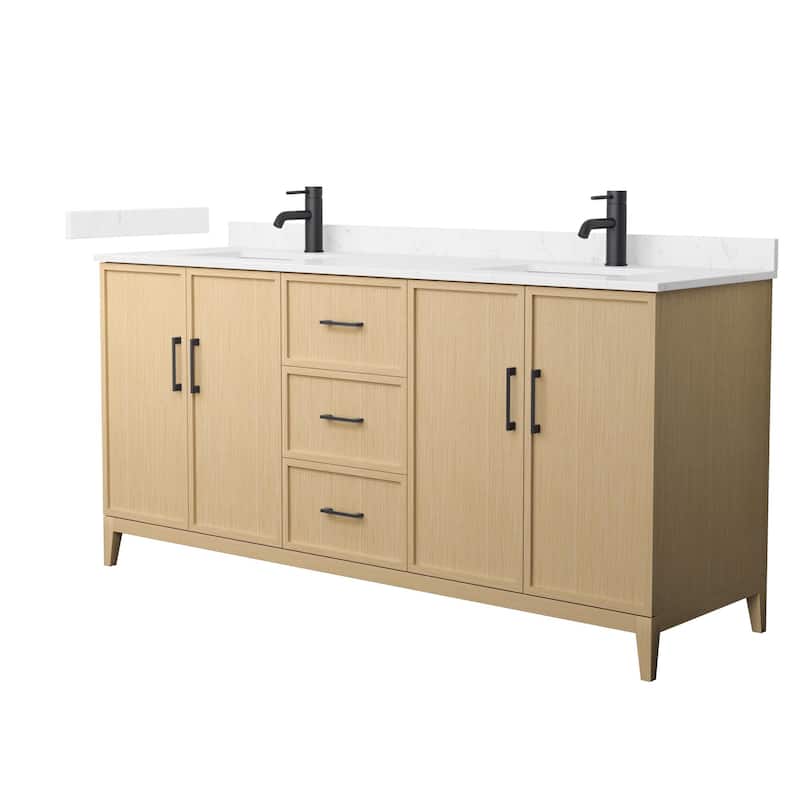 Elan 72-inch Double Vanity, Cultured Marble Top - White Oak, Black Trim, Carrara Cultured Marble Top