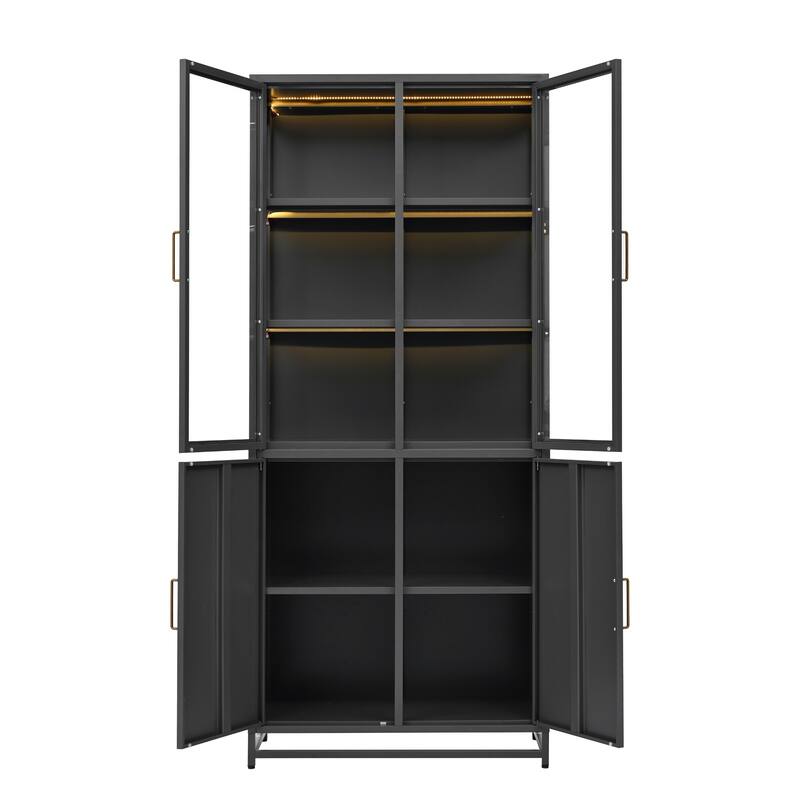76.75'' Glass Display Cabinet w/LED Light, Tall Bookshelf with Double Glass Doors Bookshelves Bookcase