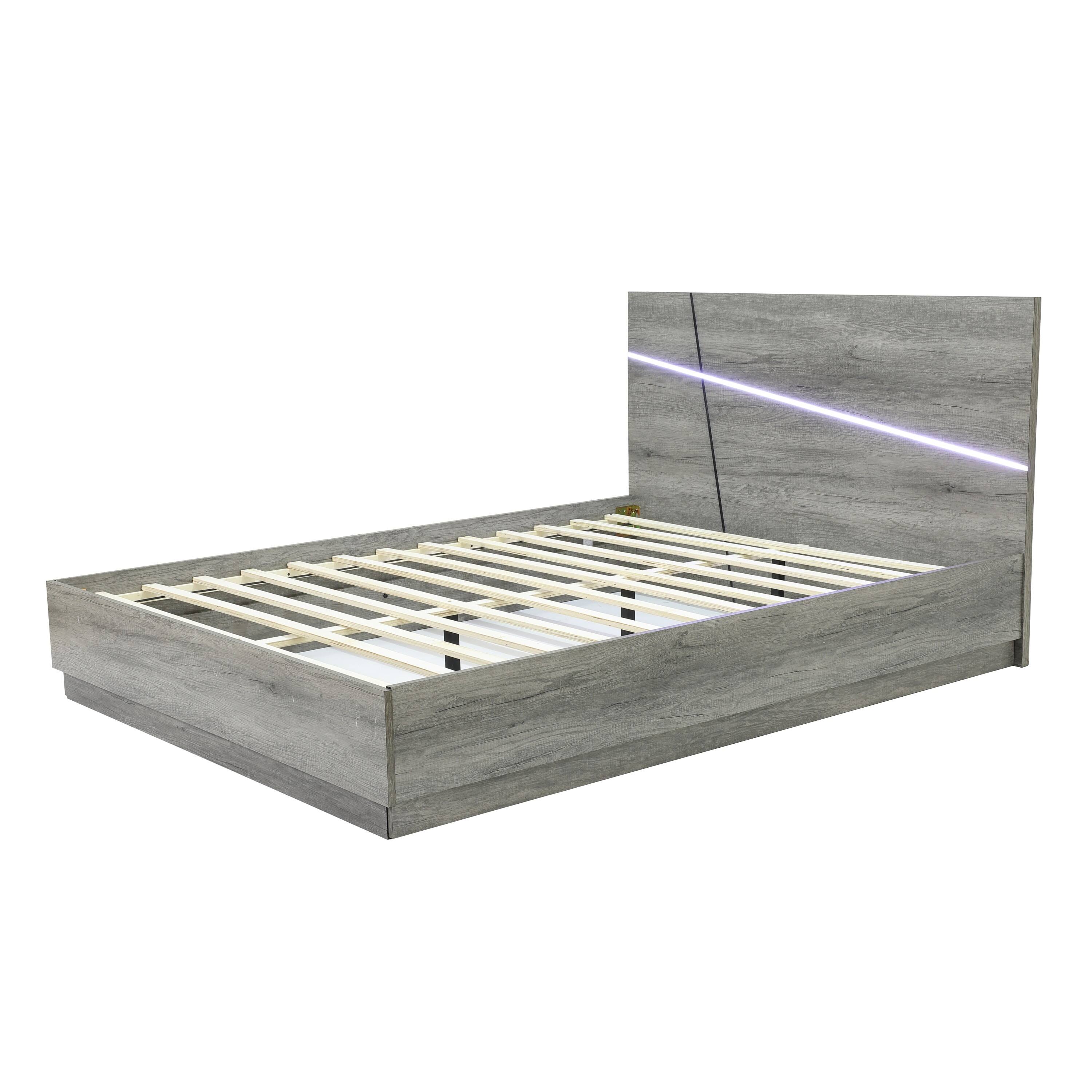 Modern Grey Queen Platform Bed Headboard and Frame Set with Lights On