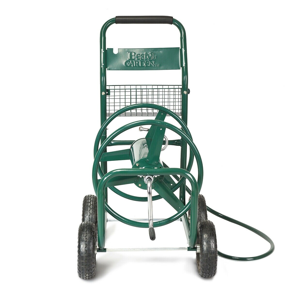 Holds Up to 300FT New Garden Hose Reel Cart 4 Wheel with Basket Lawn Watering Outdoor Heavy Duty Yard Water Planting Tubular Steel with Green Powder Coated Best Outdoor Garden Hose Reel Cart 