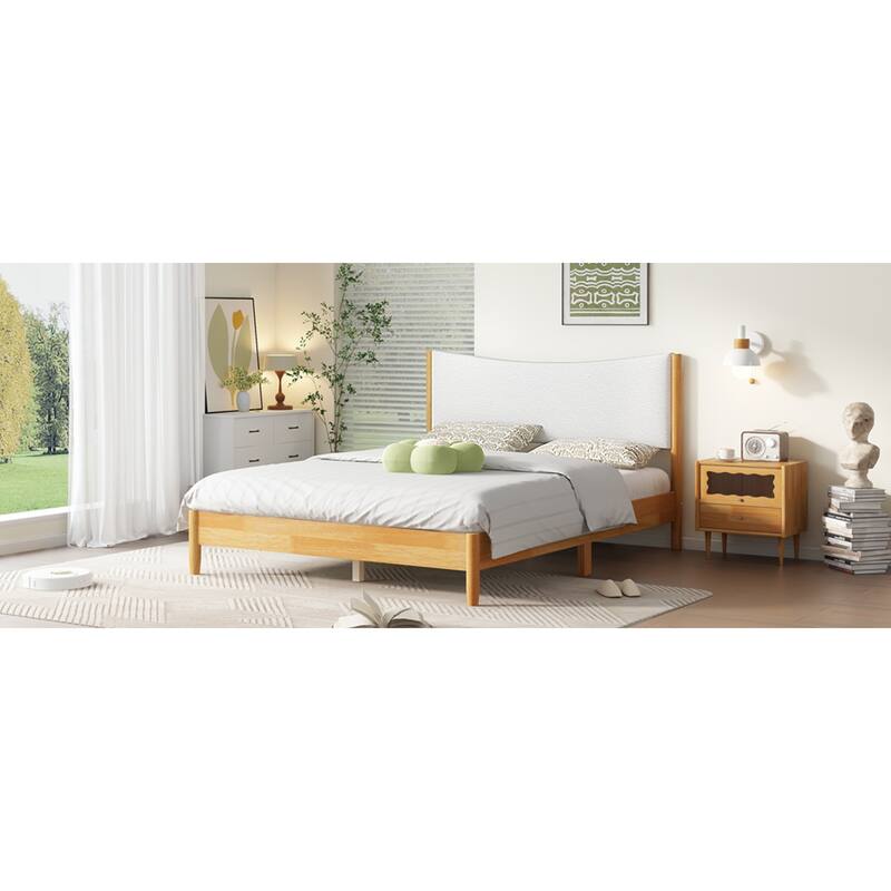 Roomfitters Queen Rubber Wood Bed with Boucle Upholstered Headboard, Reinforced Slat Platform with Support Feet, Natural