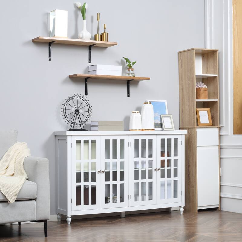 Sideboard, Buffet Cabinet with 4 Tempered Glass Doors, Stripe Pattern and Adjustable Storage Shelf, Credenza