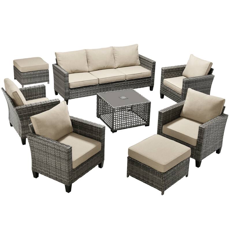 OVIOS 8 Pieces Outdoor Wicker Sectional Set With Solar-Powered CoffeeTable