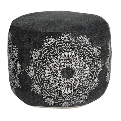 18" Black and White Mandala Medallion Round Pouf Ottoman
