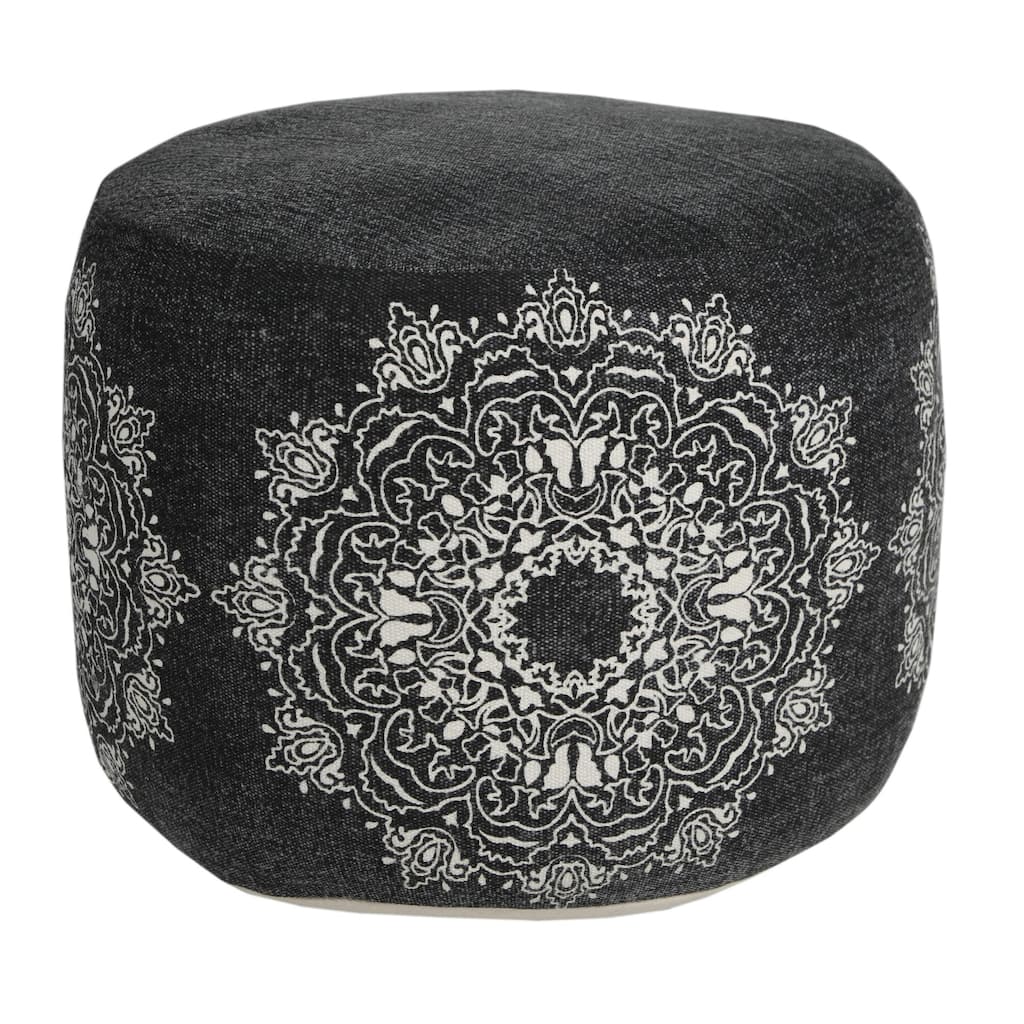 18" Black and White Mandala Medallion Round Pouf Ottoman