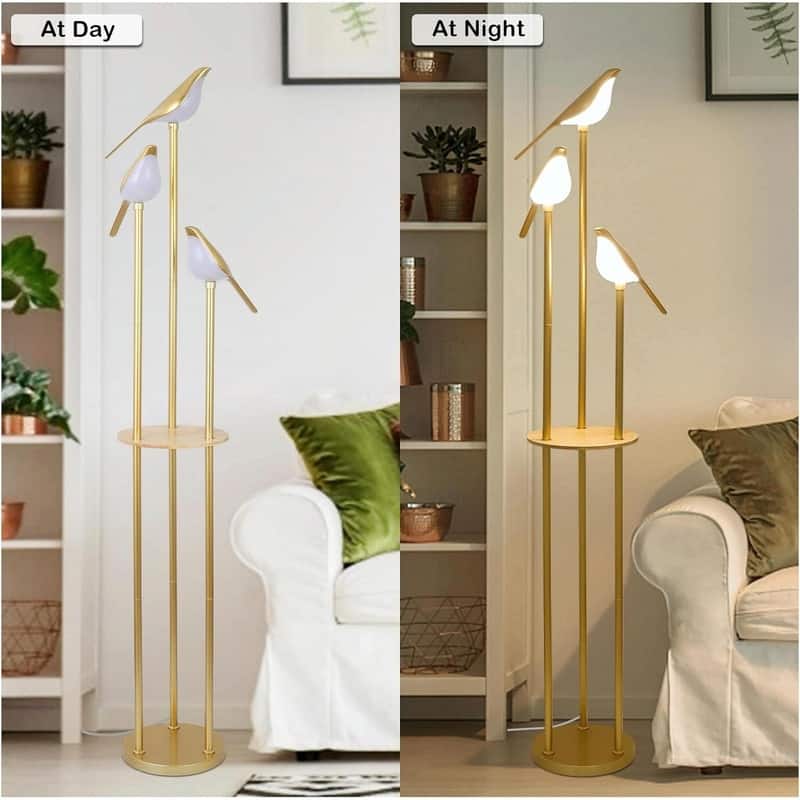Gold Modern Floor Lamp with Shelves - Mid-Century Standing Lamp with 3 Adjustable LED Bird Lights