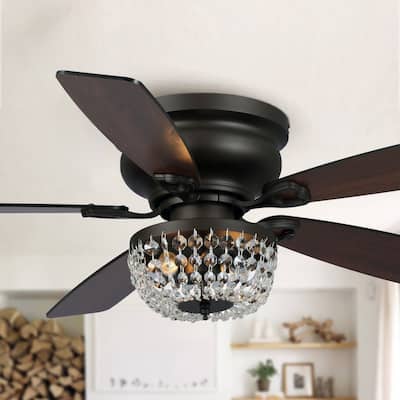 48" Bronze Wooden 5-Blade Crystal Flush Mount Ceiling Fan with Remote