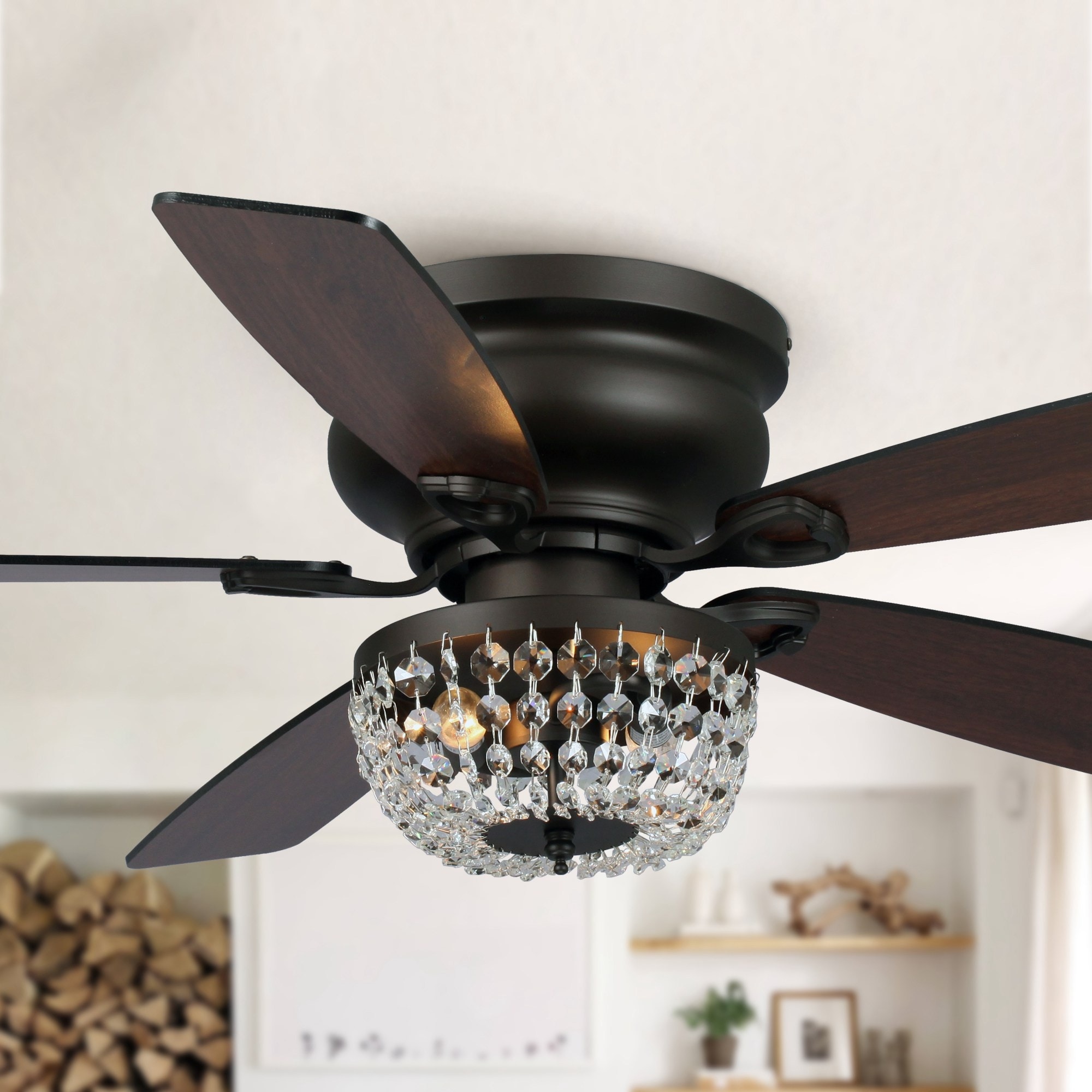48" Bronze Wooden 5-Blade Crystal Flush Mount Ceiling Fan with Remote