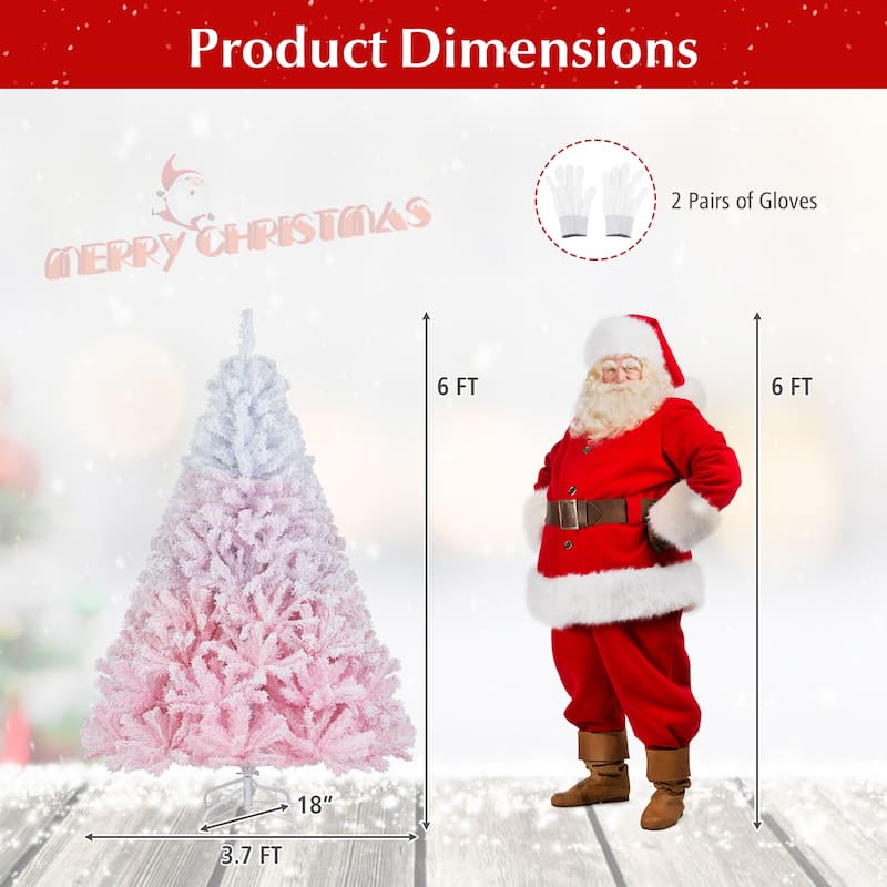 Gymax Artificial Christmas Tree Hinged Snow Flocked Xmas Tree w/ Lush - Pink, White
