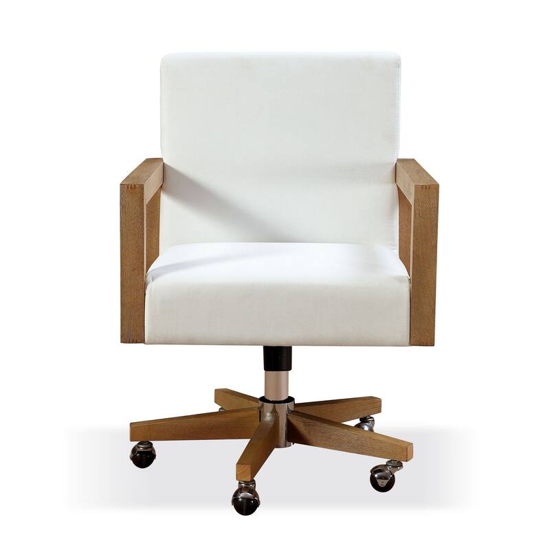 Rux 24 Inch Office Swivel Chair, White Fabric, Rolling Base, Brown Wood