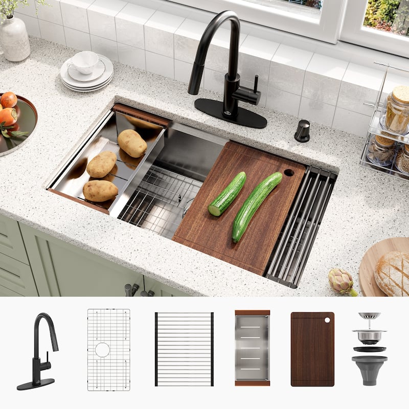 Nano Brushed Stainless Steel Undermount Workstation Kitchen Sink with Touchless Pull-Down Kitchen Faucet and Accessories