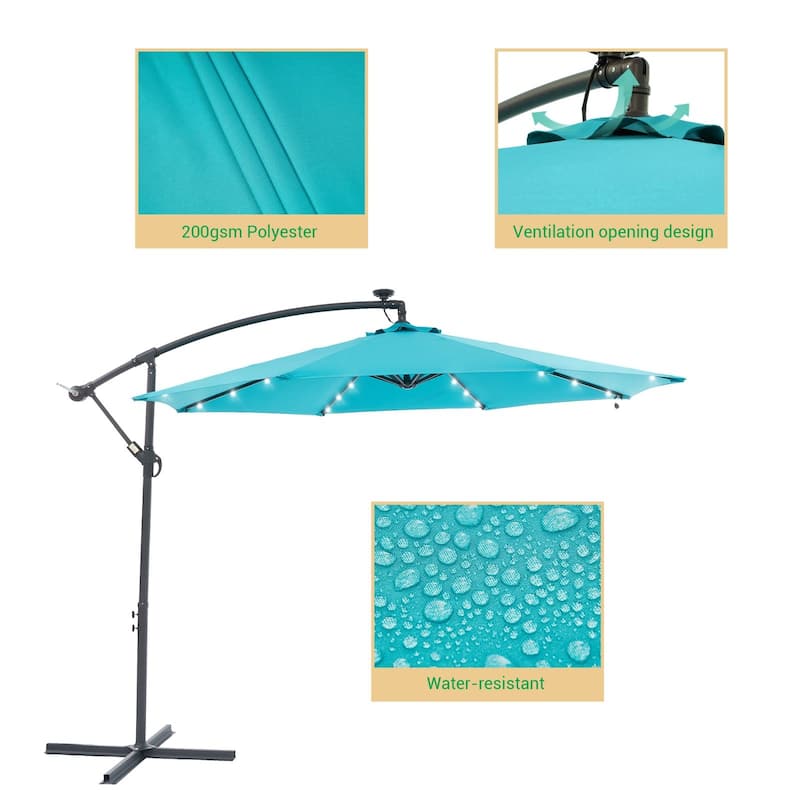 LIVOOSUN 10ft LED Patio Offset Umbrella With Cross Base