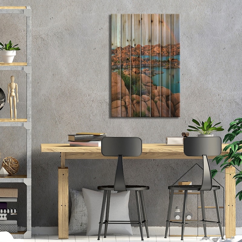 Rainbow Over Granite Dells At Watson Lake, Arizona Print On Wood by Tim Fitzharris - Multi-Color