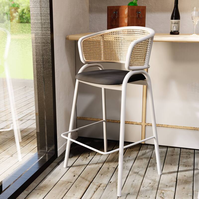 LeisureMod Ervilla Set of 2 Modern Wicker Leather Bar Stool with Curved Back & White Steel Frame for Home Office Dining Room