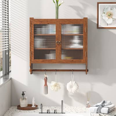 Vintage Style Glass Door Wall Cabinet with Three Tiers of Storage and Towel Racks
