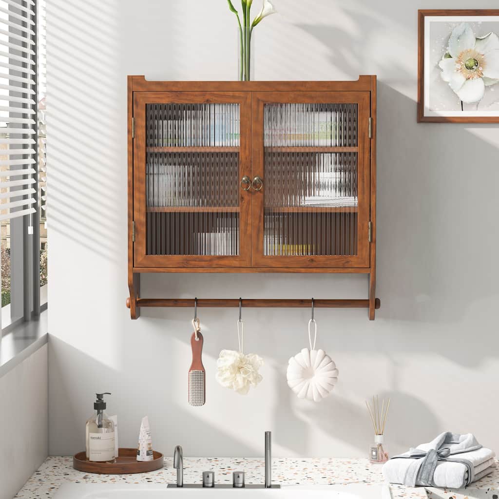 Vintage Style Glass Door Wall Cabinet with Three Tiers of Storage and Towel Racks