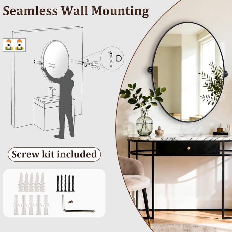 Metal Framed Pivoting Bathroom Vanity Mirror Adjustable Tilting Oval Wall Mirror Horizontal or Vertical - 19.68” x 27.56”