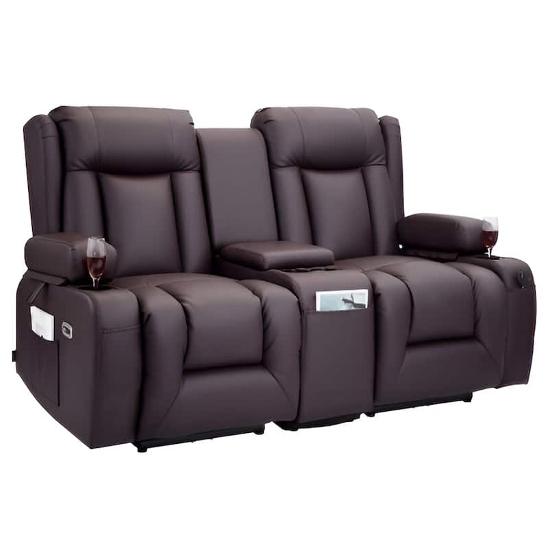 Brown PU Leather Electric Recliner Loveseat with Massage, Heating and USB Ports - 65.55 x 36.2 x 40.9 in