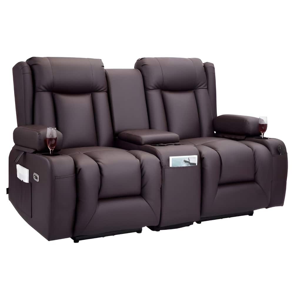 Brown PU Leather Electric Recliner Loveseat with Massage, Heating and USB Ports - 65.55 x 36.2 x 40.9 in