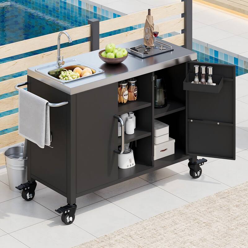 55.5'' Rubber Wood Kitchen Island in Black with 304 Stainless Steel Sink, 4 Lockable Wheels and Spice Rack