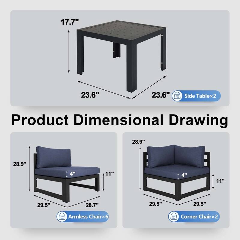 FINCATI Oversized Modular Aluminum Outdoor Furniture Set, 29" Deep Wide Sectional Seating Aluminum Patio Set with Coffee Tables
