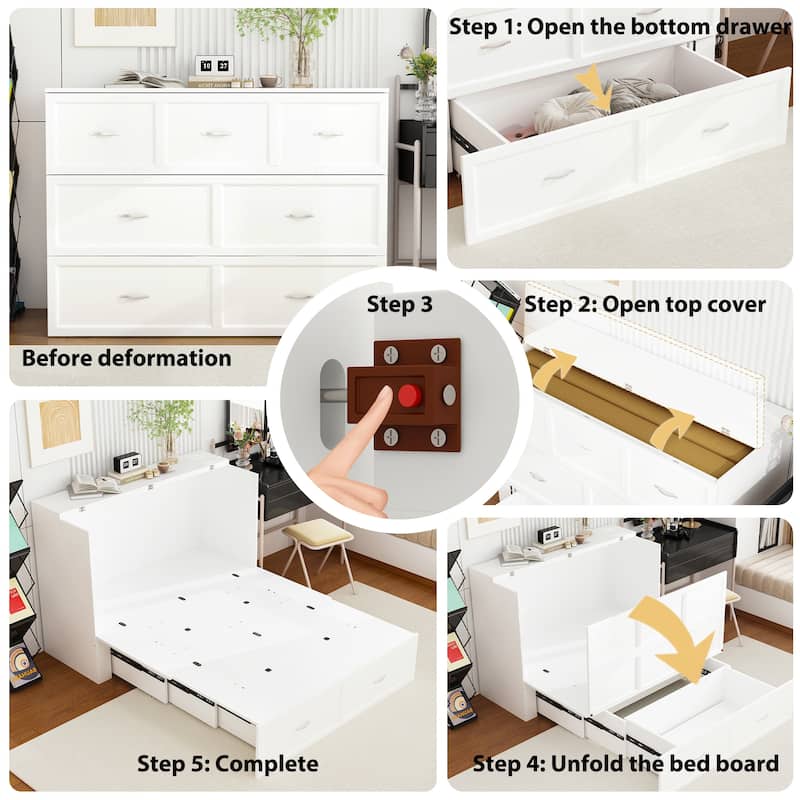 Modern Wood Full Murphy Bed Chest in White Finish Dresser 2-1 Cabinet