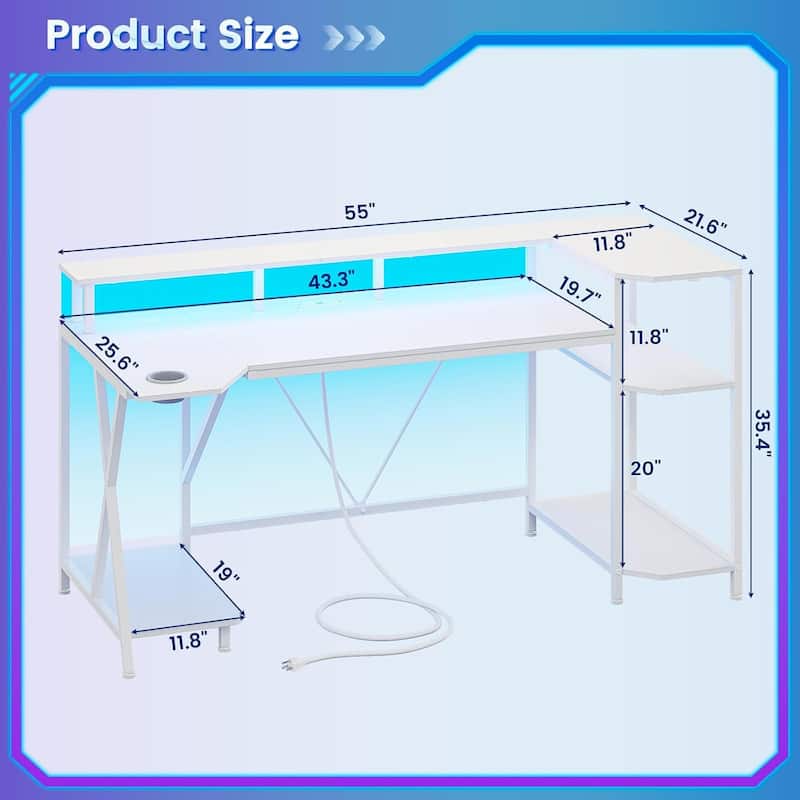 PC Gaming Desk Power Outlets Computer Desk LED Lights Storage Shelves