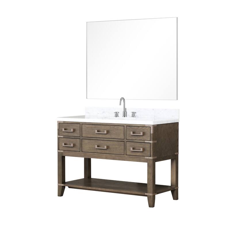 Lexora Norwalk Bath Vanity, Carrara Marble Top, Faucet Set, and Mirror