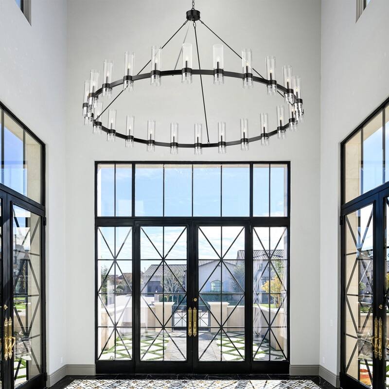 Modern Farmhouse Chandelier Black Wagon Wheel Chandelier with Clear Glass Shade