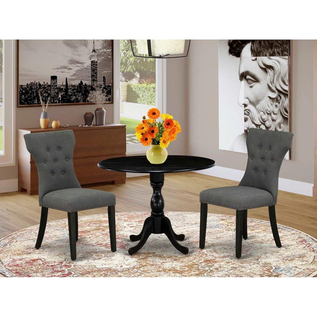 3-Piece Wire Brushed Black Solid Wood Top - Button Tufted Dining Room Set - Seats 4