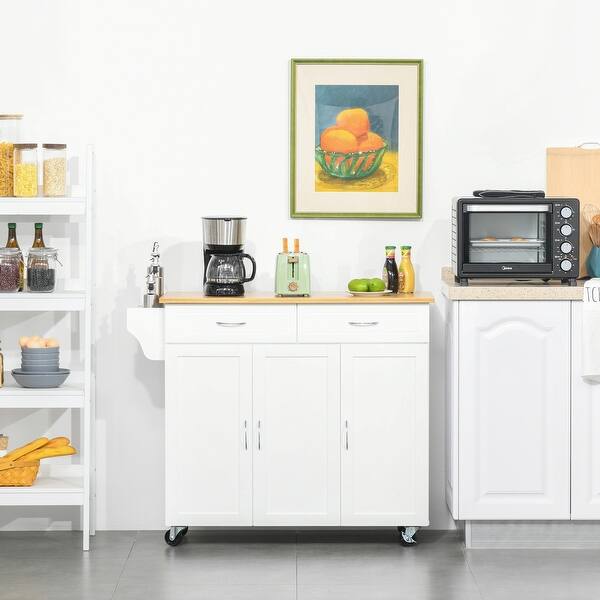 Homcom Rolling Kitchen Island Cart With Large Bamboo Countertop 2 Cabinets With Adjustable Shelves And Wheels White On Sale Overstock 33636365
