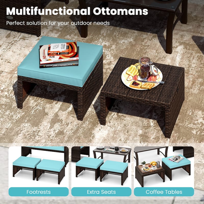 Set of 2 Outdoor Rattan Footstools Ottomans with Cushions for Patio Decor or Garden Seating - 16" L x 19" W x 9.5" H