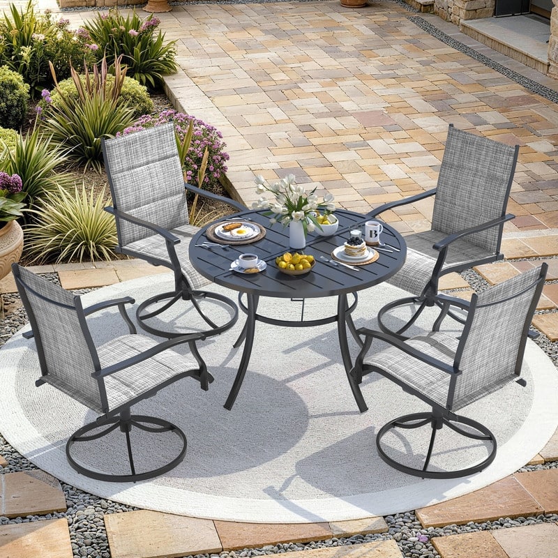 Patio Dining Set, Outdoor Dining Table and Chairs Set with Textilene Chairs, Adjustable Umbrella Hole for Garden, Backyard - 5 Piece-Round - Grey-Swivel
