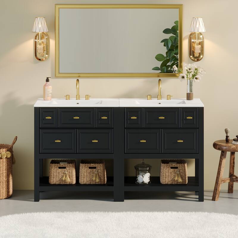 60'' Freestanding Bathroom Vanity Set with White Integrated Ceramic Sink - 60'' x 18'' x 34'' - Black