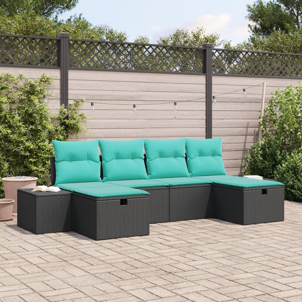 vidaXL 6 Piece Garden Sofa Set with Cushions Black Poly Rattan - 115.8×46.1×27.2