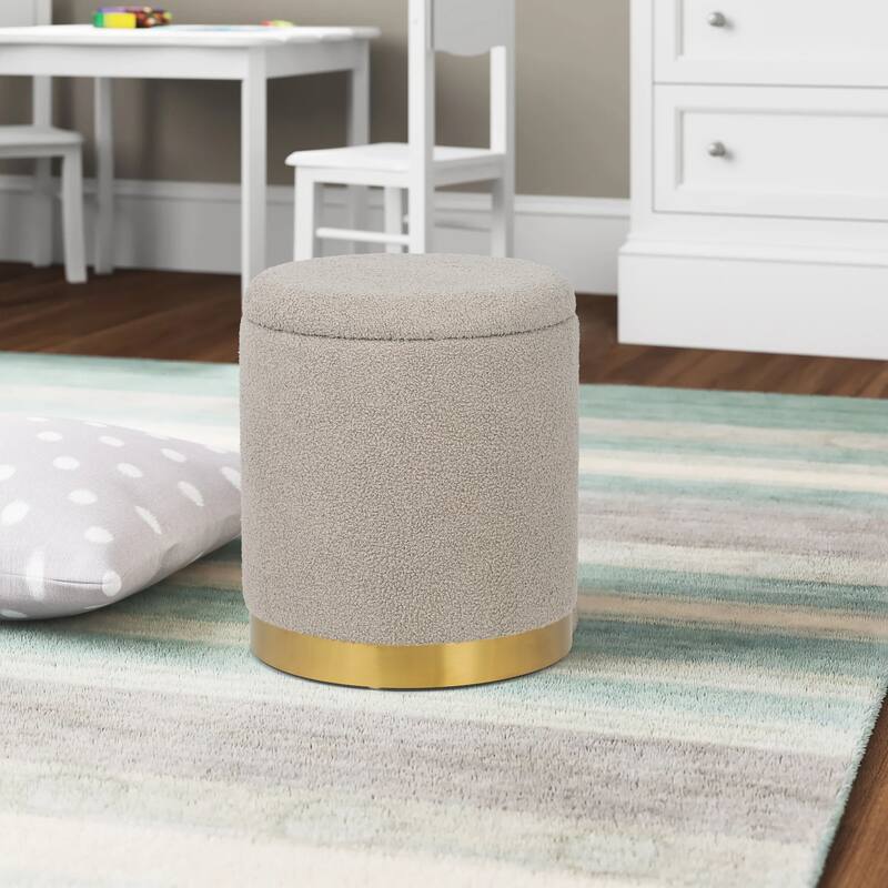 Adeco Velvet Round Storage Stool Gold Plating Base Storage Ottoman