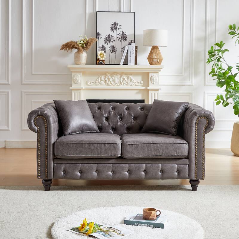 2-Seat Button Tufted Chesterfield Nailheads Sofa with 2 Pillows - Grey